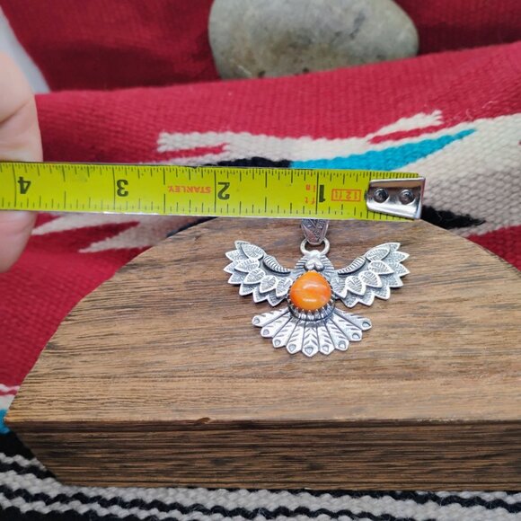 Southwest Soaring Eagle Pendant Orange Spiny Oyster Sterling Silver Unisex Large - Picture 4 of 7